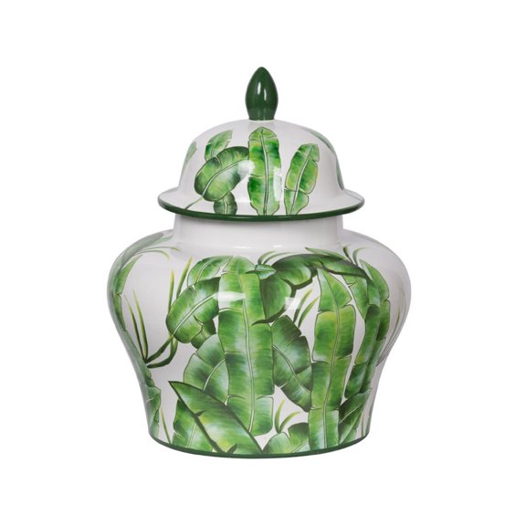 Palm Leaf Porcelain Wide Urn Lidded Jar - 16.75" - Green and White
