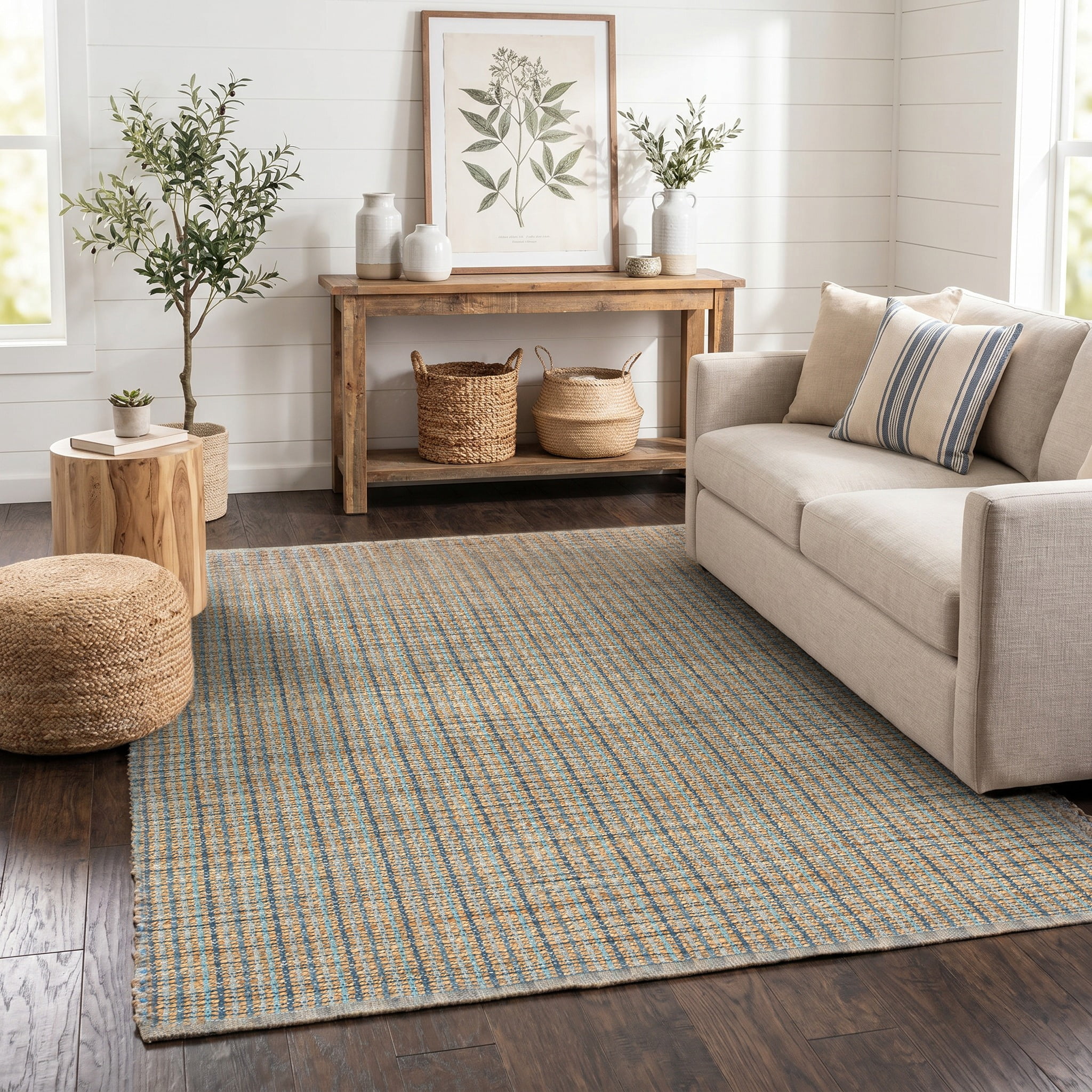 LR Home Natalie Cere Tan/Blue Grid Coastal Jute Blend Area Rug, 5' x 7'9"
