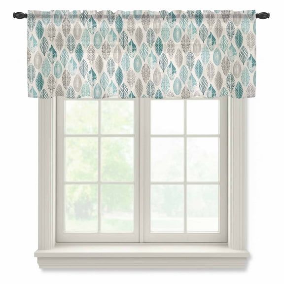 Leaves Specimens Sheer Valances for Windows Teal Green Grey Burlap Background Semi Sheer Kitchen Valance Rod Pocket Small Window Voile Curtains for Living Room Bedroom Laundry 42 x 12 Inch
