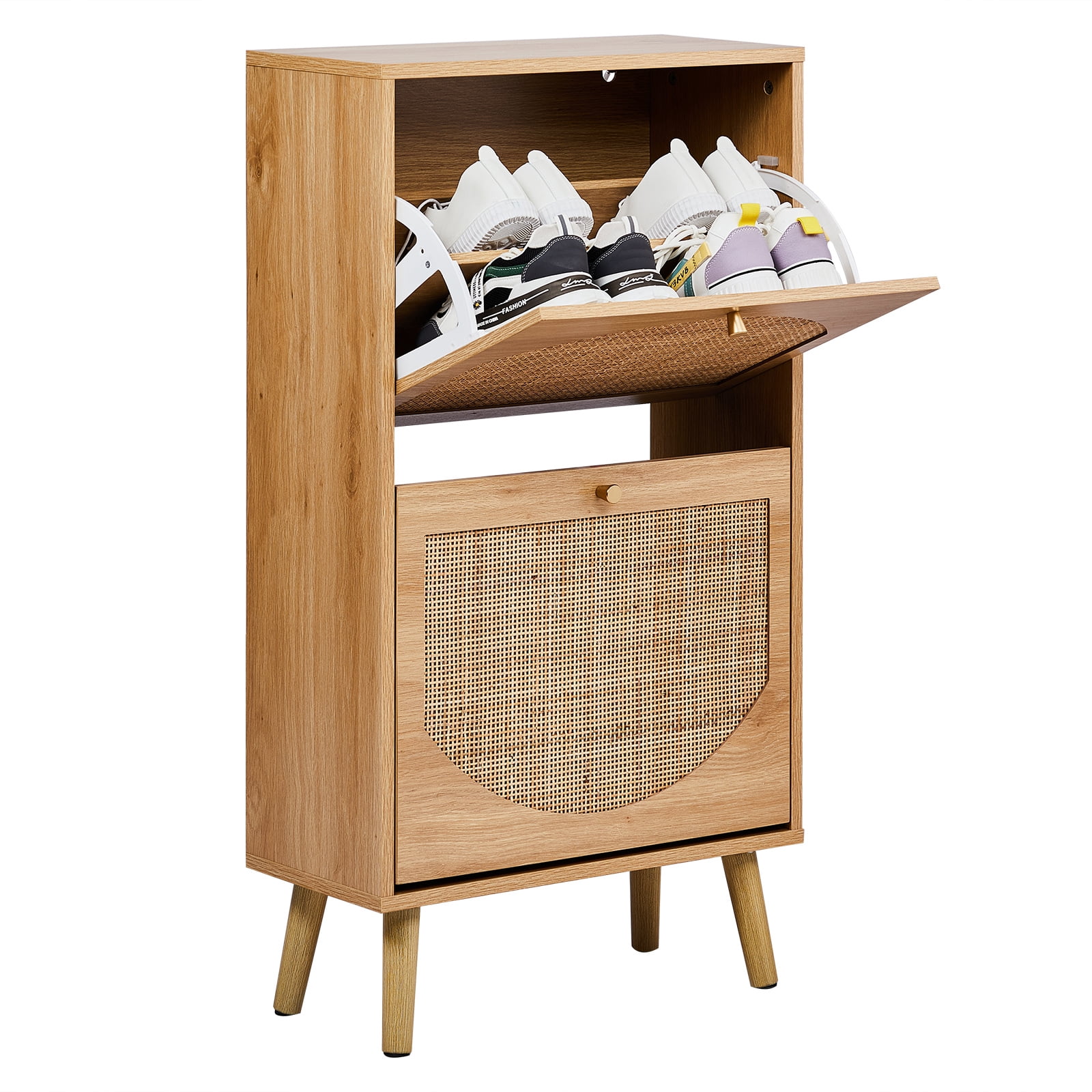 Flip Door Rattan Shoe Cabinet, High Density Fiberboard with Melamine Laminate, Mid Century Modern Shoe Storage Organizer, Slim Space Saving Shoe Rack for Entryway Hallway Small Spaces