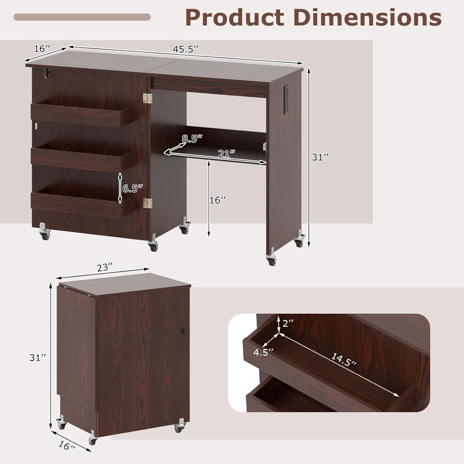 Sewing Machine Table with Charging Station, Folding Sewing Cabinet w/Lockable Casters, 3-Tier Shelf, Middle Rack, Magnetic Door, Small Sewing Desk for Home Apartment, Studio (Brown)
