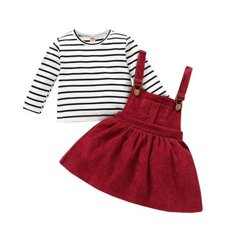 

YWDJ 6Months-3Years Girls Outfit Set Toddler Striped s Costume Skirt Romper Sling Skirt Suit Wine 12-18Months