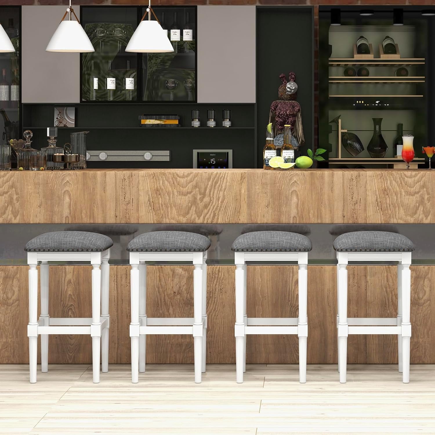 Set of 4 Modern Upholstered Counter Bar Stools Dining Stools for Kitchen, 3 Optional Height, Gray & White