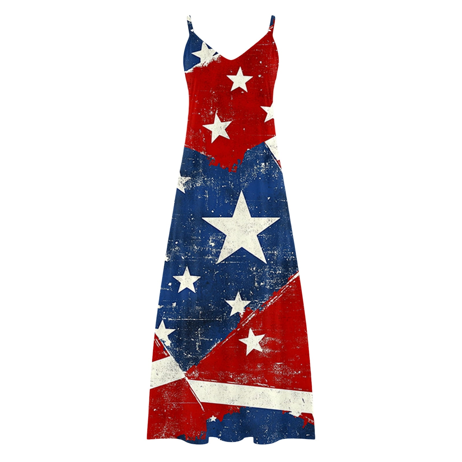 Plus Size Women 4th of July Sleeveless Dress Patriotic V Neck Maxi Dresses Spaghetti Strap Beach Long Dresses