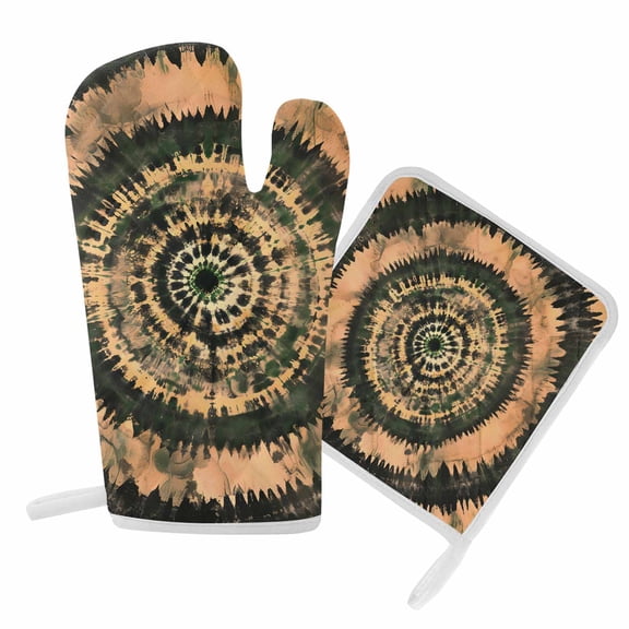 Oven Mitts and Pot Holder Set for Kitchen, Brown Tie-Dye Art Kitchen Oven Gloves Heat Resistance Non-Slip Surface Potholders Abstract Boho Tribe Hot Pads Sets for Cooking Baking Grilling BBQ