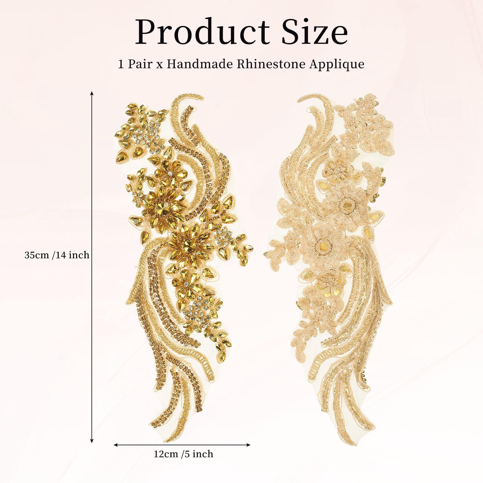 Uxcell 1 Pair Handmade Rhinestone Applique Patch, 14" x 5" Beaded Embroidery Sequin Patches for Sew on Wedding Dress Cloth DIY Crafts Decoration, Gold