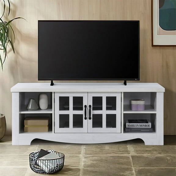 52.37 in. Ivory Wood TV Stand with 1 Glass-fronted Storage Cabinets Fits TV's up to 60 in.