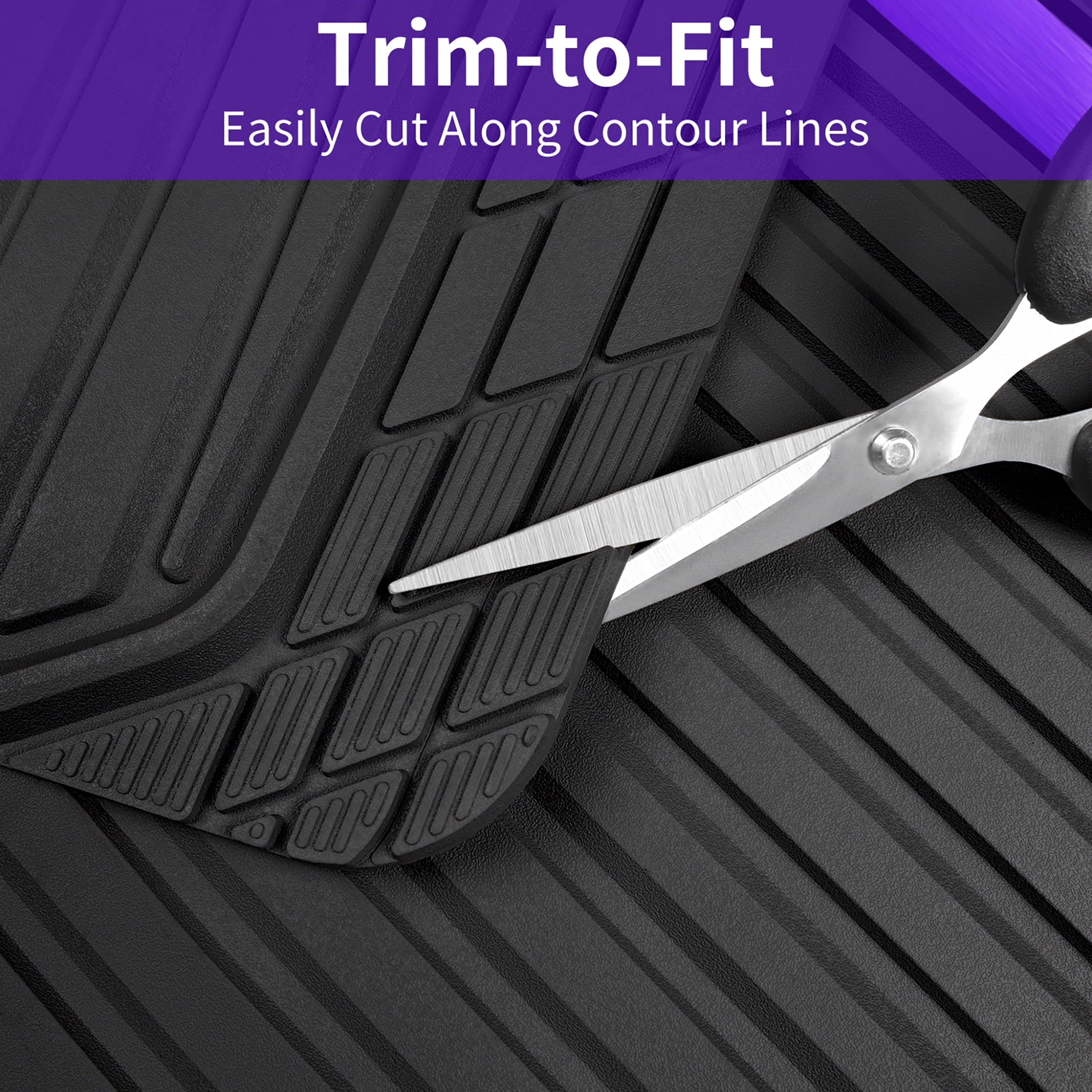 Auto Drive 4-Piece Black & Purple Heavy Duty Rubber Car Floor Mats, All Weather Universal Trim-to Fit for Car, SUV and Truck Mats