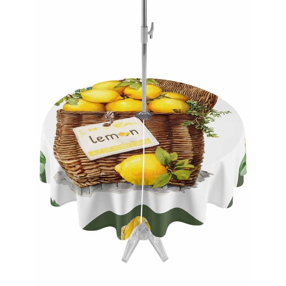 Outdoor Tablecloth with Umbrella Hole for Patio/Picnic/Party/Camping, Lemon Basket Summer Waterproof Table Cloth Round Cover Washable, Farmhouse Vintage Green Lace (Dia 60")