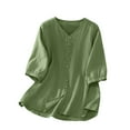 thumbnail image 2 of HongQid Womens 3/4 Sleeve Button Down Cotton Linen Shirt Blouse Loose Fit Casual Summer V-Neck Tops, 2 of 6