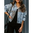 thumbnail image 5 of Womens Button Down Distressed Leopard Denim Jean Jacket Washed Long Sleeve Ripped Cheetah Jean Coat Blue XL, 5 of 8