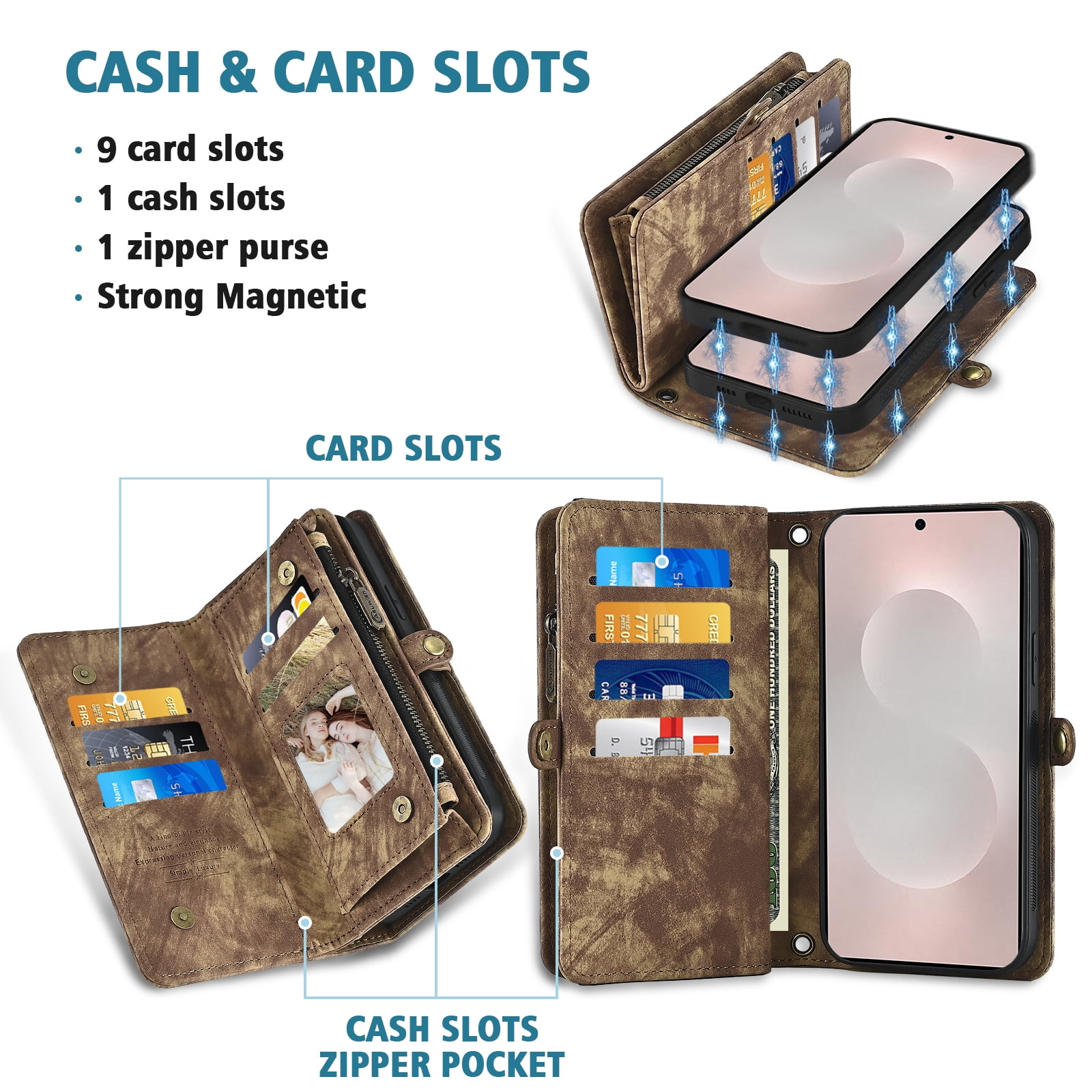 Phone Case for Samsung Galaxy S25 Edge Zipper Wallet Detachable Cell Cover with Tempered Glass Screen Protector Crossbody Lanyard Strap Flip Card Holder Slot S25Edge 25S S 25 25Edge Women Brown