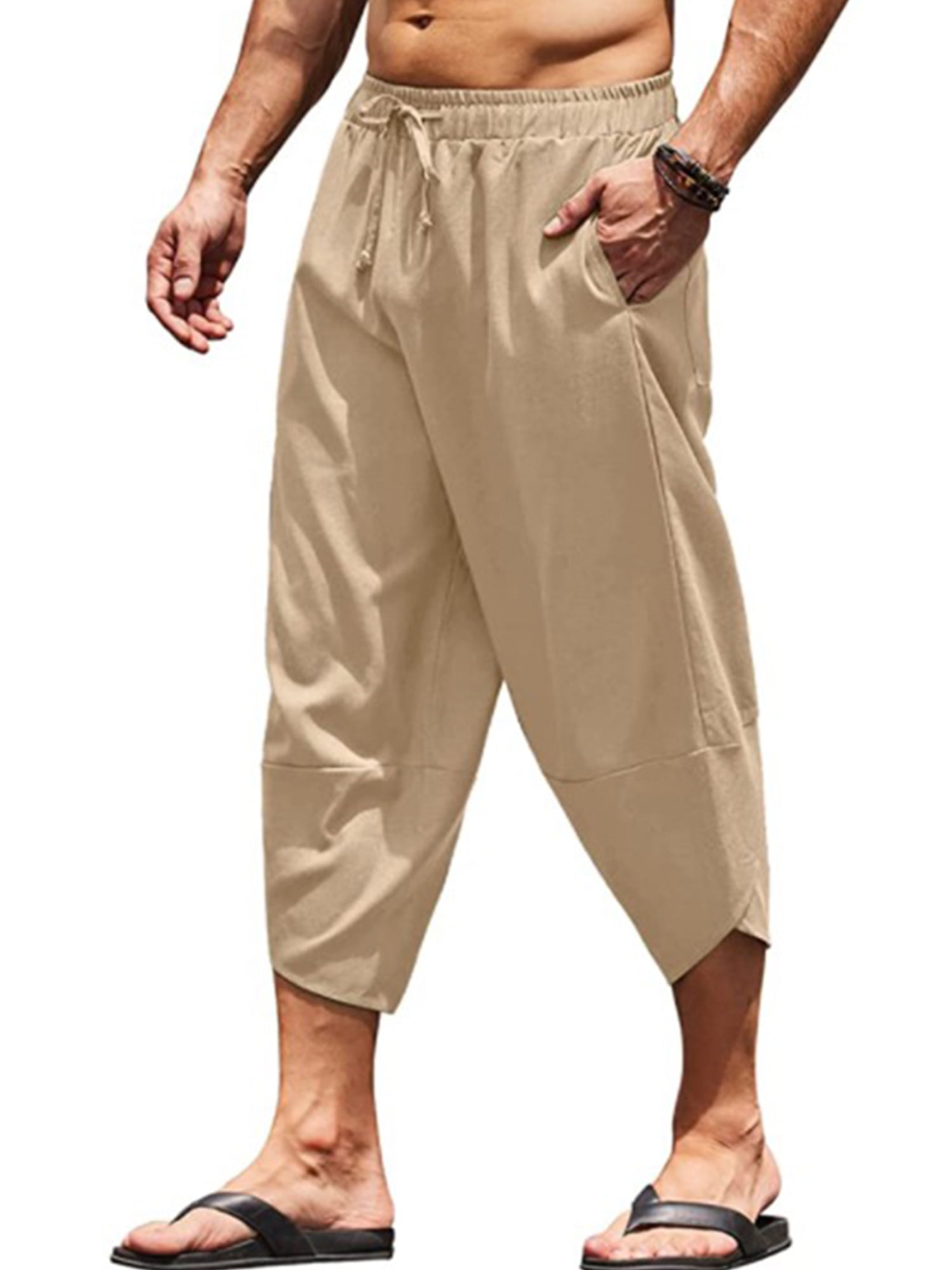 Frontwalk Mens Loose Capri Pants Elastic Waist Wide Leg Harem Baggy