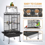 HomGarden 68-inch 2in1 Large Iron Bird Cage Play Top W/Rolling Stand for Small Medium Parrot Pet Black