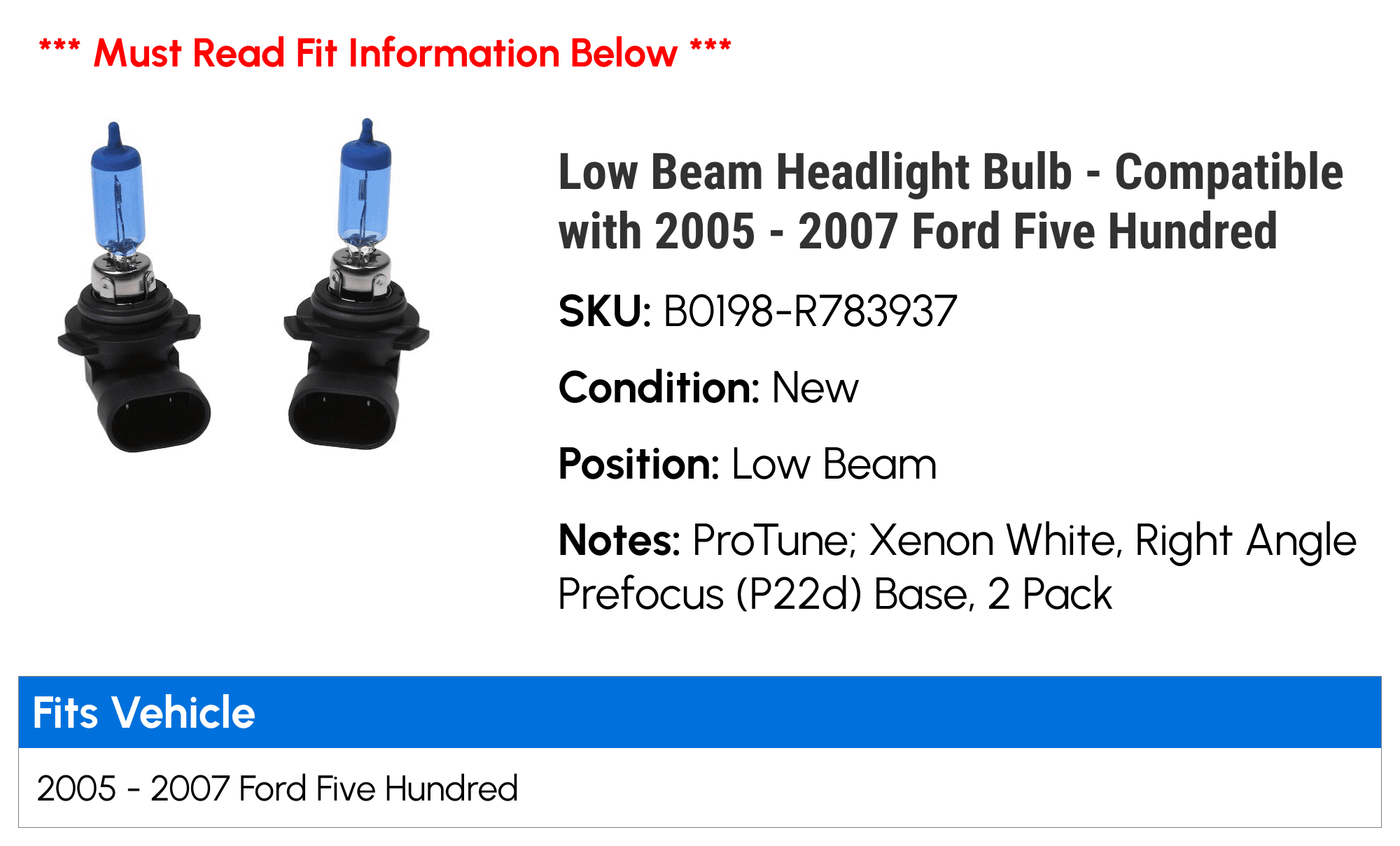 Low Beam Headlight Bulb - Compatible with 2005 - 2007 Ford Five Hundred 2006