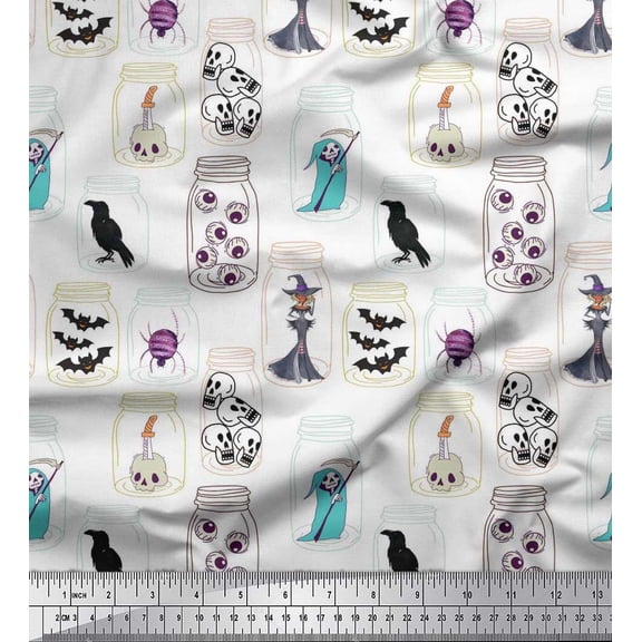 Soimoi Polyester Crepe Fabric Ghost,Skull & Witch Halloween Print Sewing Fabric Yard 42 Inch Wide