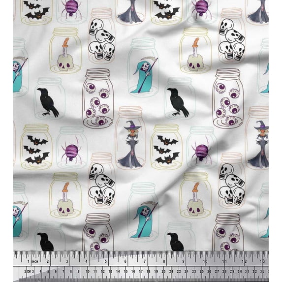 Soimoi Poly Georgette Fabric Ghost,Skull & Witch Halloween Print Fabric by The Yard 52 Inch Wide