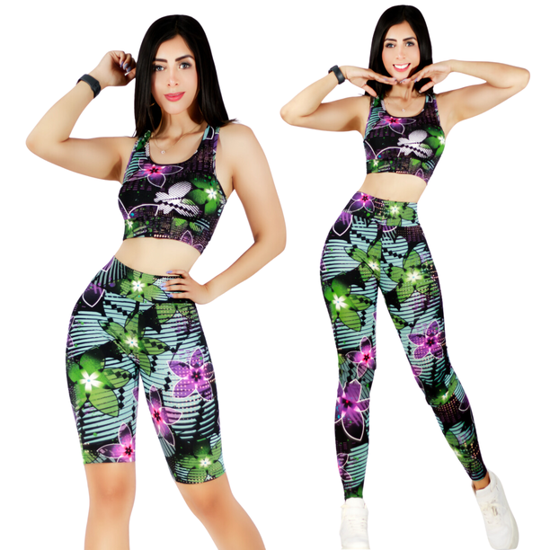 CONJUNTO DEPORTIVO DE MUJER DE 3 PIEZAS SHORT LEGGING Y TOP CON ESTAMPADO
