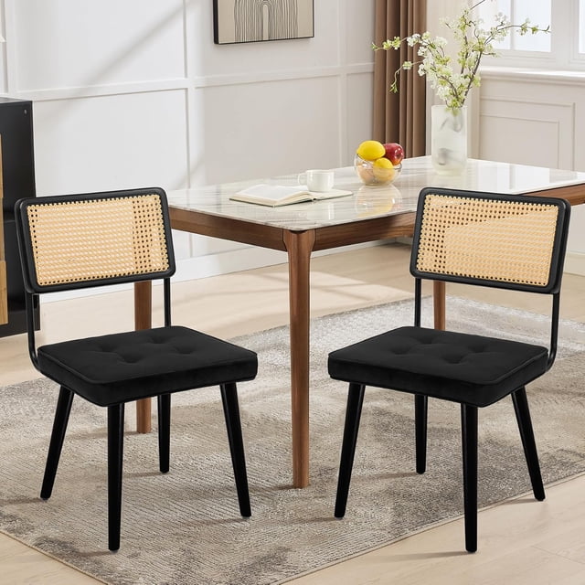 Set of 2 negra pu leather y natural rattan dining sillas con forrado seat y solid wood back