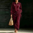 thumbnail image 2 of Szluipve 2 Piece Sets for Women Velvet 2 Piece Outfits Collared Half‑Button Lantern Long Sleeve Top Elastic Cuff Jogger Pants Set Casual Loose Matching Loungewear Suit With Pockets Wine S, 2 of 6