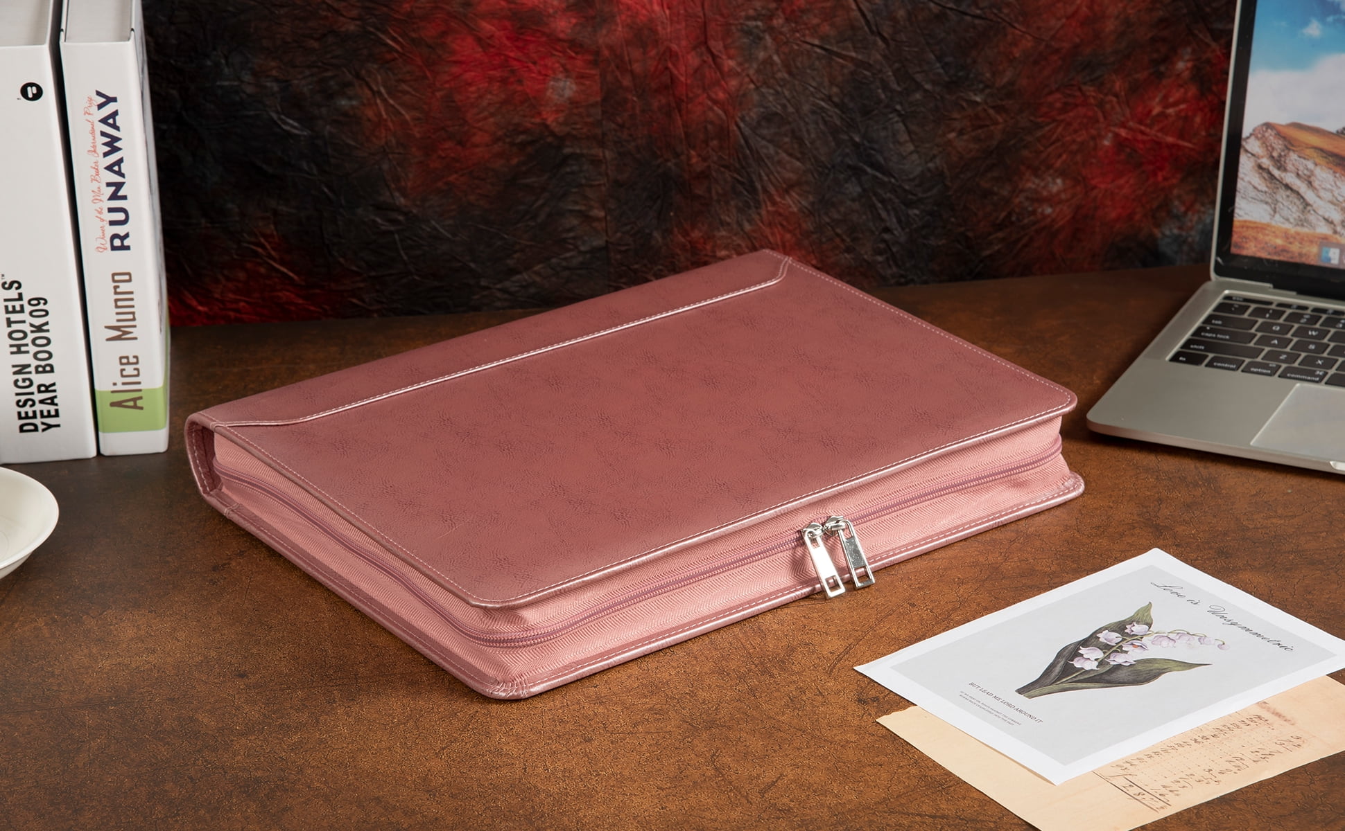 LeatherBelief Portfolio 3 Rings Binder 1 inch, PU Leather Padfolio with Zipper, Business Organizers with A4 Legal Pads, Gift for Her, Rosegold