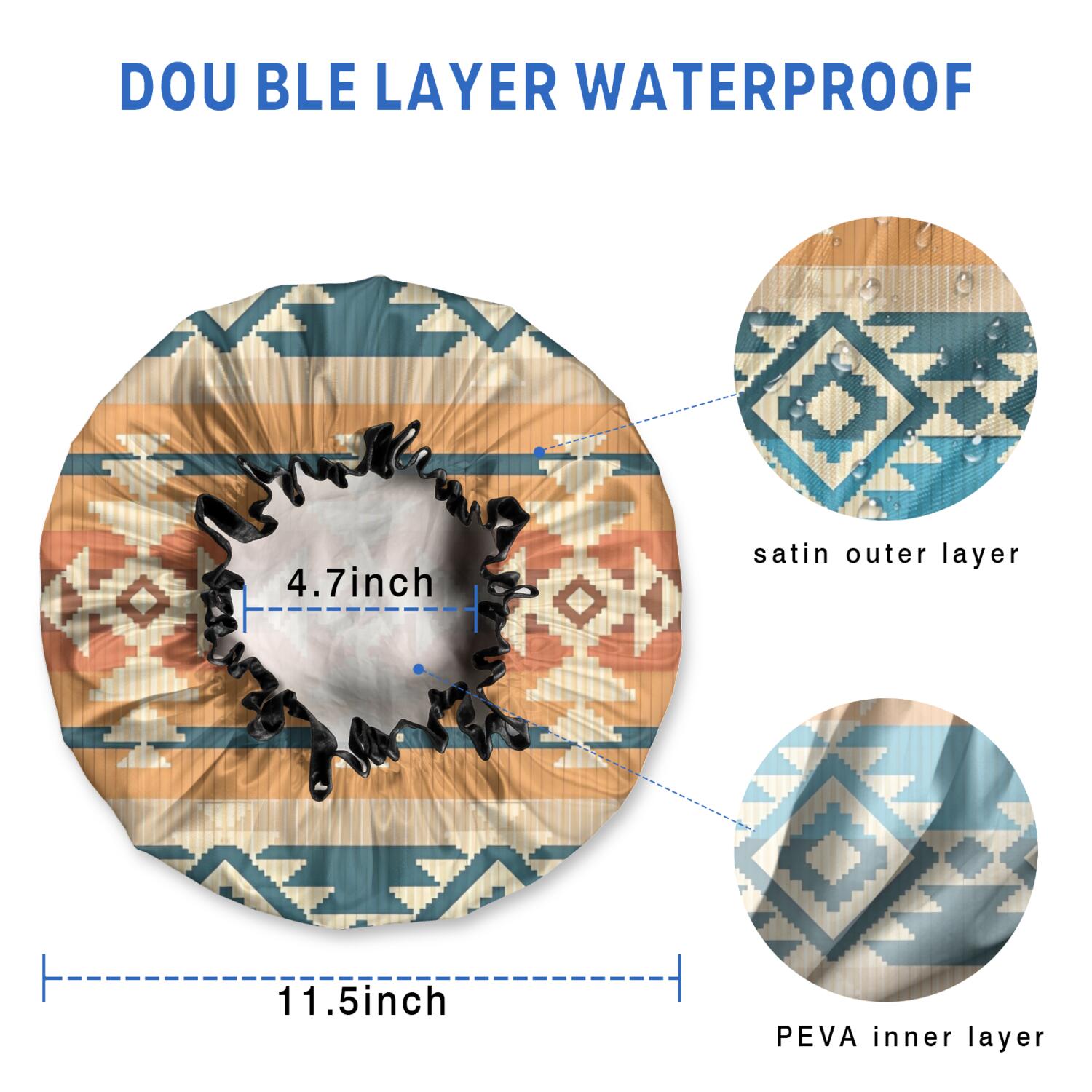 Shower Caps,Brown Ethnic Geometric Pattern Waterproof Shower Cap for Women 4 Pieces,Double Reusable Hair Cover for Shower PEVA Elastic Stretch Hem