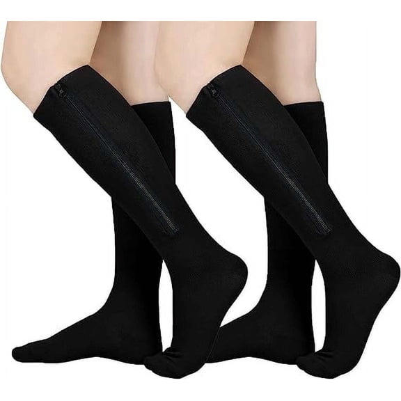 Zjh 2 Pairs 15-20 mmHg Black XXL Size Zipper Compression Socks Closed Toe Knee High Compression Stockings for Men & Women