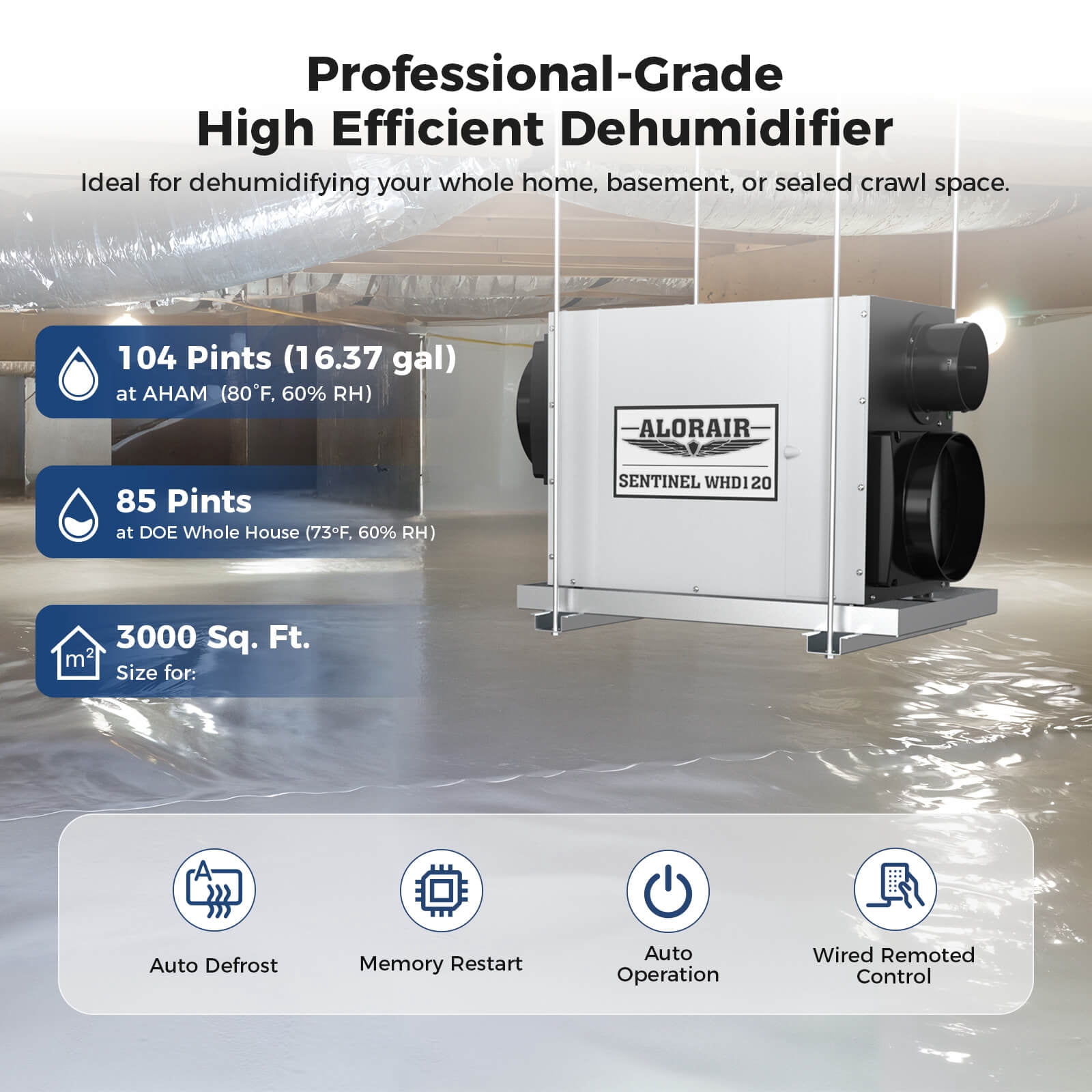 ALORAIR Whole House Dehumidifier, 104 PPD Commercial Grade Whole Home Dehumidifiers for Home, Garages, Water Damage Restoration, 3000 Sq.Ft dehumidifiers for Crawl Space