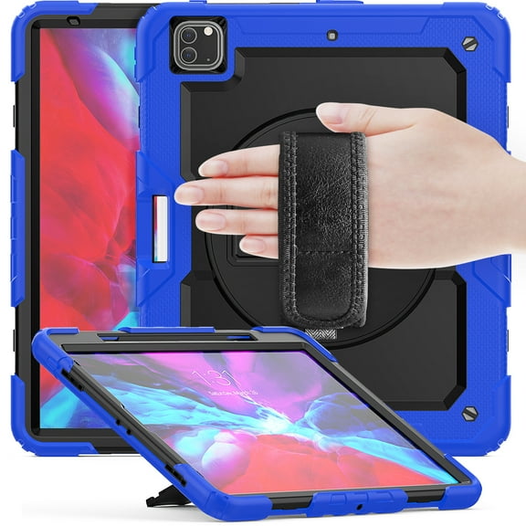 Dteck Screen Protector Case for iPad Pro 5th Generation 12.9-inch 2021,Shockproof Rubber Armor 3-Layer Protection Case Hybrid Stand Cover with Adjustable Shoulder/Hand Strap,Black Blue