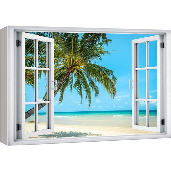 Aaheei Canvas Print Wall Art Window View Tropical Palm Tree Beach Island Paradise Wilderness Nature Photography Realism Scenic Landscape Colorful Multicolor for Living Room, Bedroom, Office 8 x 10 in