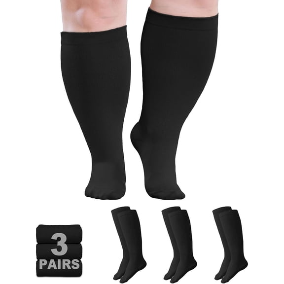 Lanola Plus Size Compression Stocking20-30mmHg Wide Calf for Men Women, Extra Large Compression Stockings Support for Running, Travel, Nurses, Pregnancy (3 Pairs)