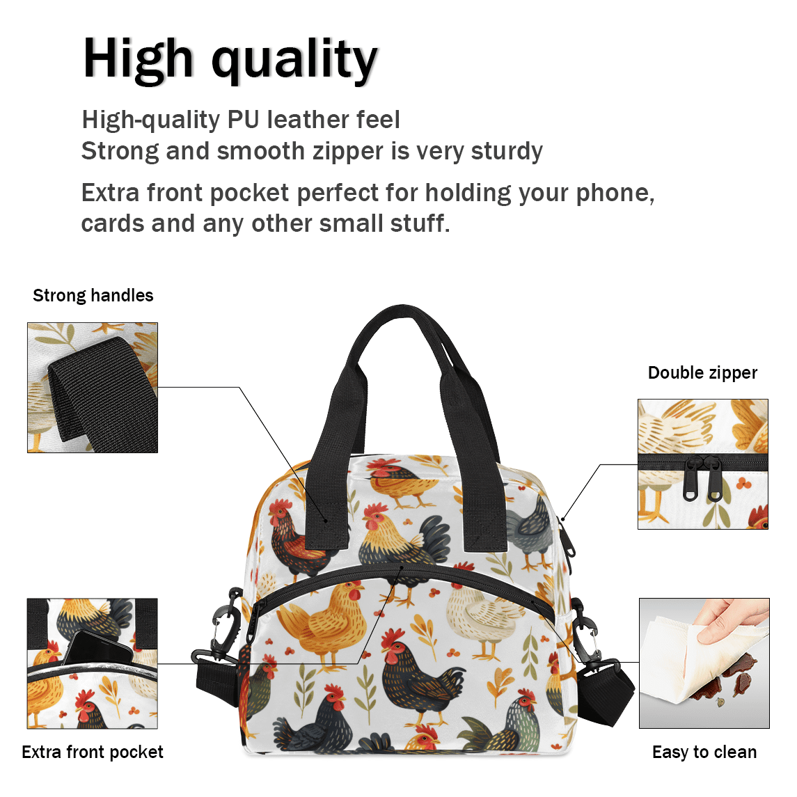 Herdesigns Chicken Insulated Lunch Bag for Women Men Adults Large Reusable Lunch Box Cock Hens Rooster Leakproof Cooler Tote Bags with Adjustable Shoulder Strap