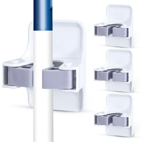 4 Pack Mop and Broom Holder Wall Mount, Self Adhesive Broom Hanger, Mop Gripper Organizer Broom Clips for Hanging Home Garage Garden Laundry Room Storage (White)