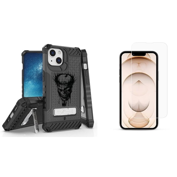 Bemz iPhone 13 Mini Bundle: Tri Shield Military Grade Armor Rugged Case (Crown of Thorns Skull), Premium Glass Screen Protectors (2-Pack)