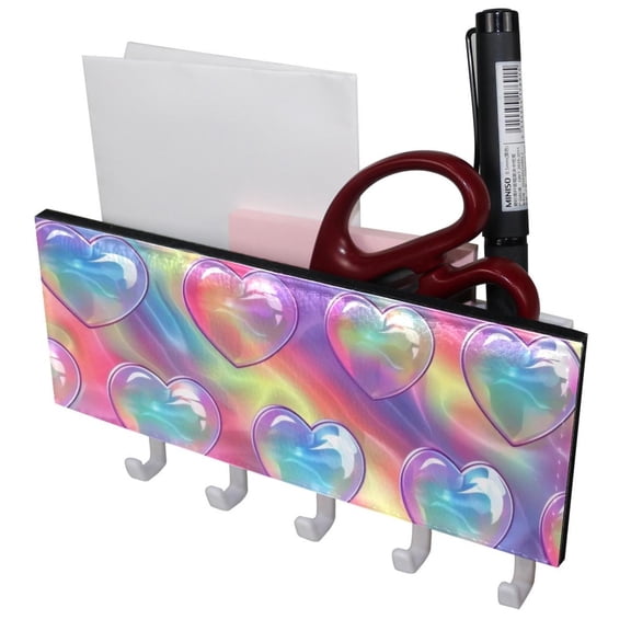 PhooArto Key Holder for Wall Decorative with 5 Key Hooks, Rainbow Love Hearts Holders Wall Mount Organizer with Mail Key Rack, Self Adhesive