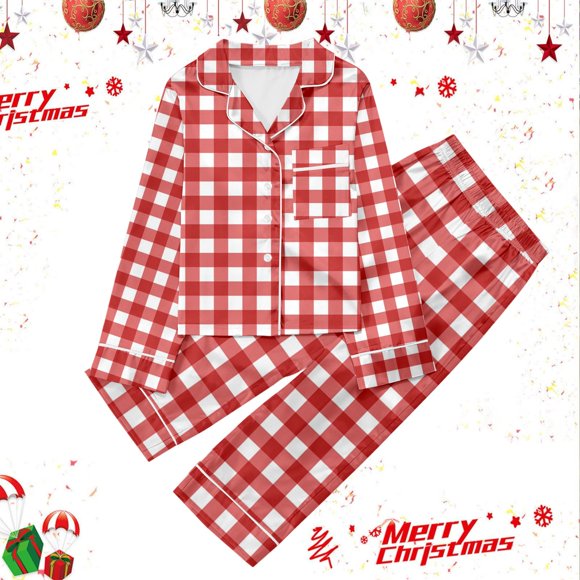 WENXIAOO Kids Christmas Pajamas Kids Christmas Print Boys Silk Pajamas Set Long Sleeve 2 Piece Sleepwear Button-Down Holiday Pjs Kids Boys Pajamas Set 9-10 Years