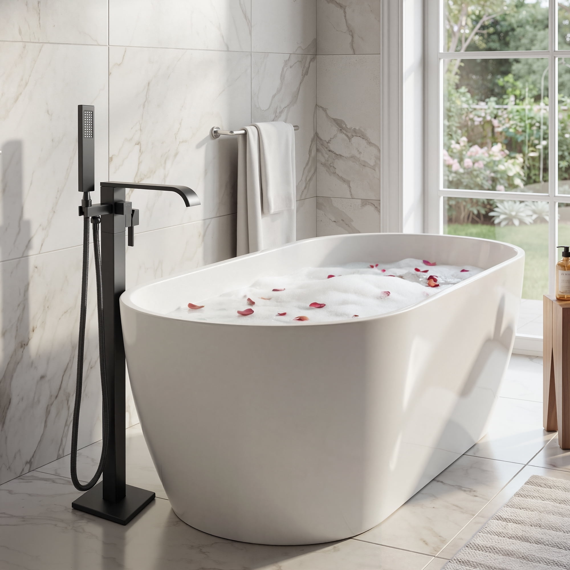 Free Standing Tub Faucet, High Flow Freestanding Bathtub Faucet with Waterfall Spout & Handheld Shower, 360°Swivel Tub Filler, Brass Body, Matte Black