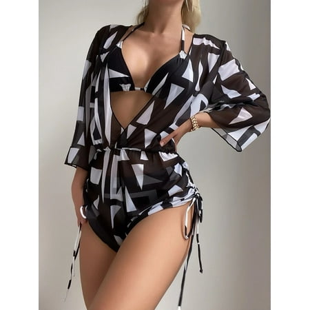New Geometric Print 3 Pieces Suit Swimwear Drawstring Bodysuit Cover-Up+Micro Bikini Set Swimsuit Beachwear Push Up Bathing Suit (Style A M)