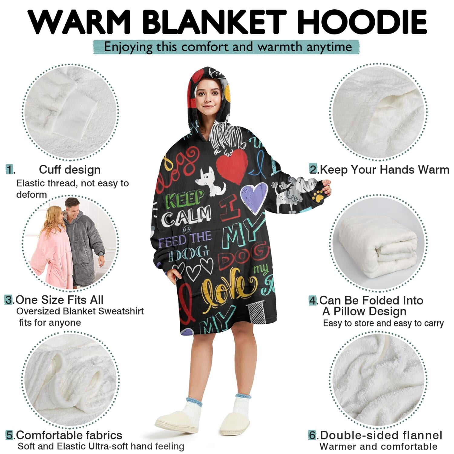 I Love My Dogs Art Wearable Oversized Blanket,Wearable Blanket Hoodie for Adults,Cozy Hooded Blankets with Super Pockets,Super Warm Fuzzy Pullover for Women & Men
