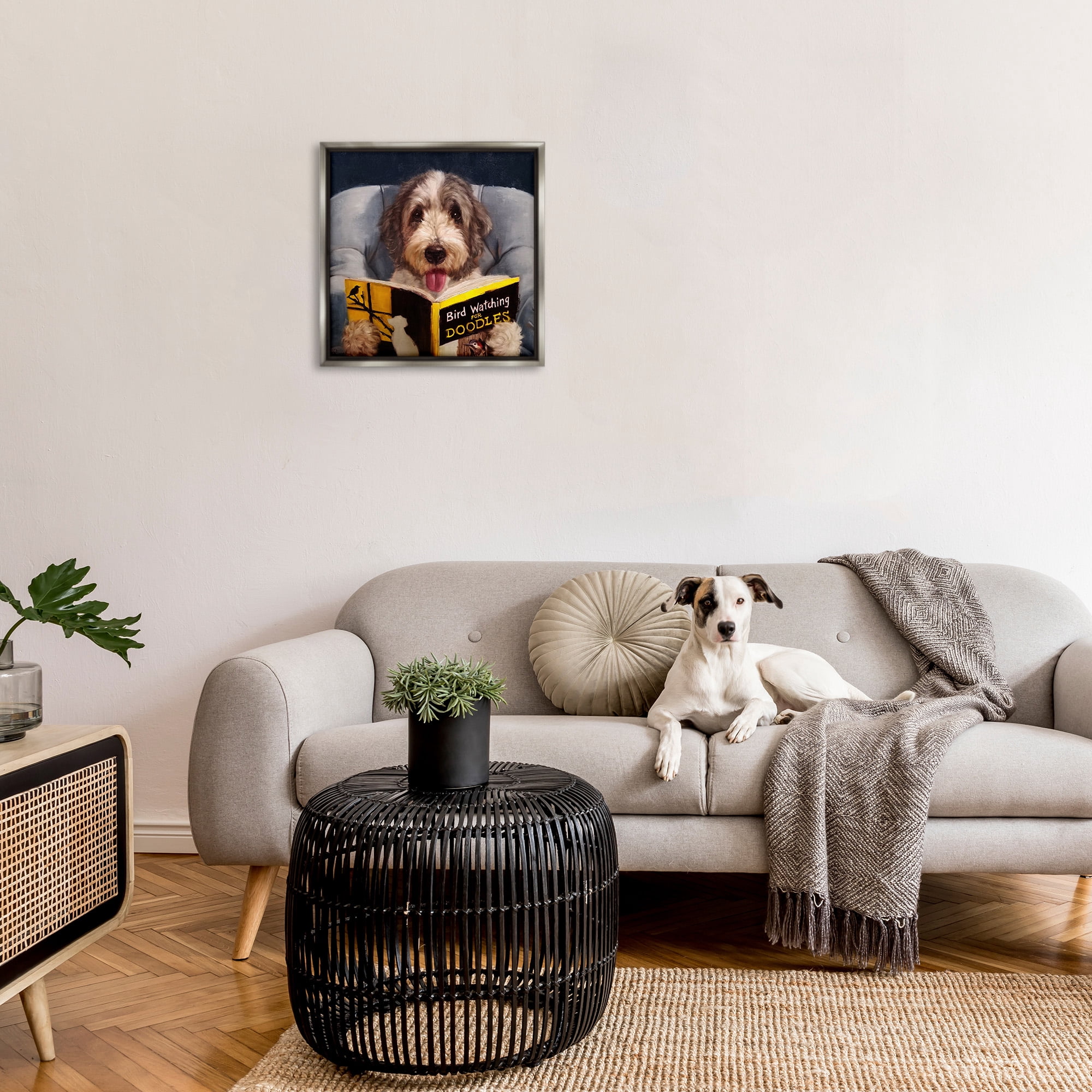 Stupell Industries Dog with Bird Watching Book Animals & Insects Painting Gray Floater Framed Canvas Art Print Wall Art, 25 x 25