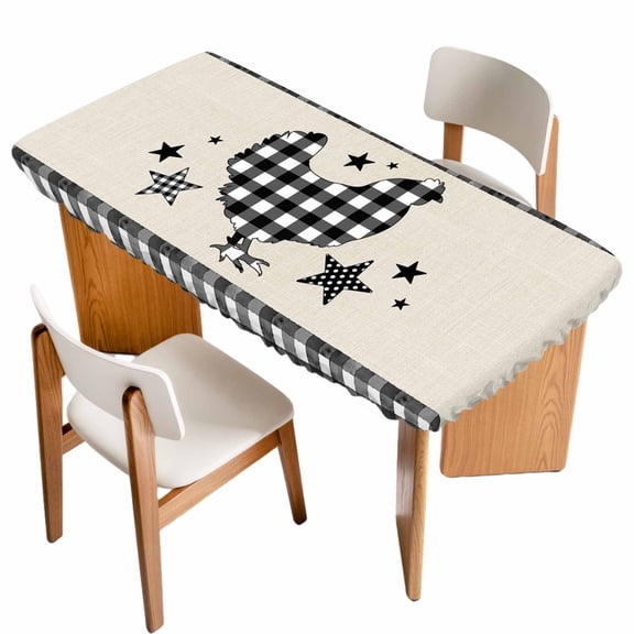 Chicken Hen Table Cloths for 6 Foot Rectangle Tables, Rooster Animals Farmhouse White Black Plaid Vintage Patio Waterproof Elastic Fitted Tablecloths, Washable Rectangular Table Cover for Camping