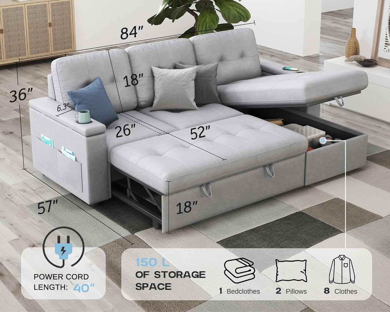 AMERLIFE 84 Inch Sectional Sleeper Sofa Bed with 2 USB Ports Cup Holders Storage Chaise Light Grey Walmart