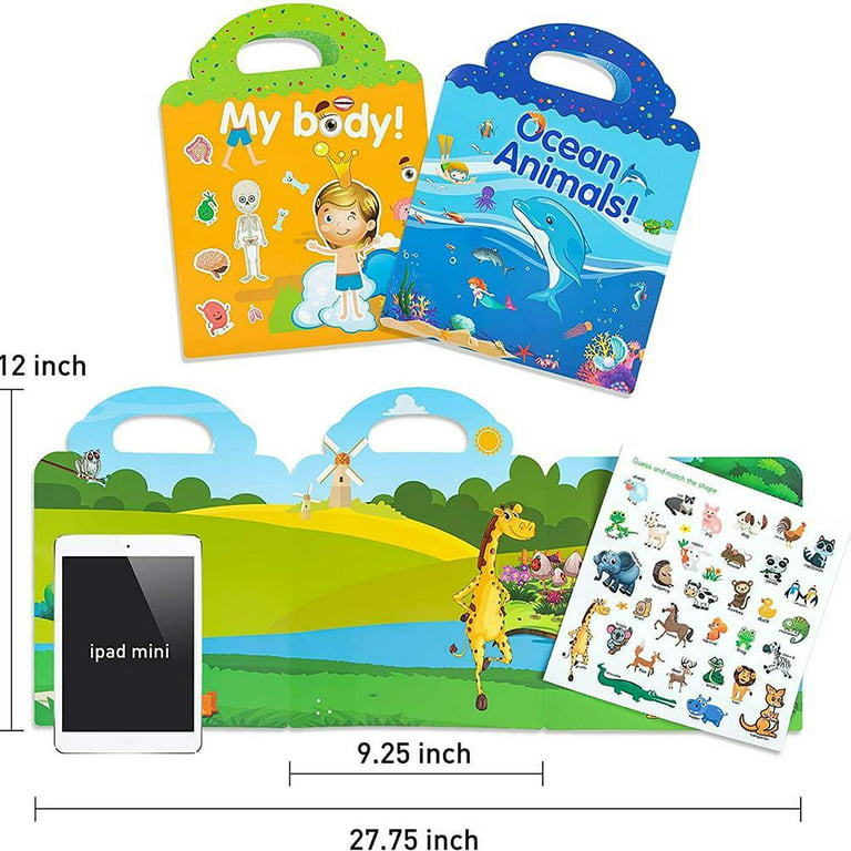 Children Reusable Stickers Books for Kid 2-4 Age My Body Zoo Vehicles Space  Ocean Animals Cute Sticker Book with Portable Handle
