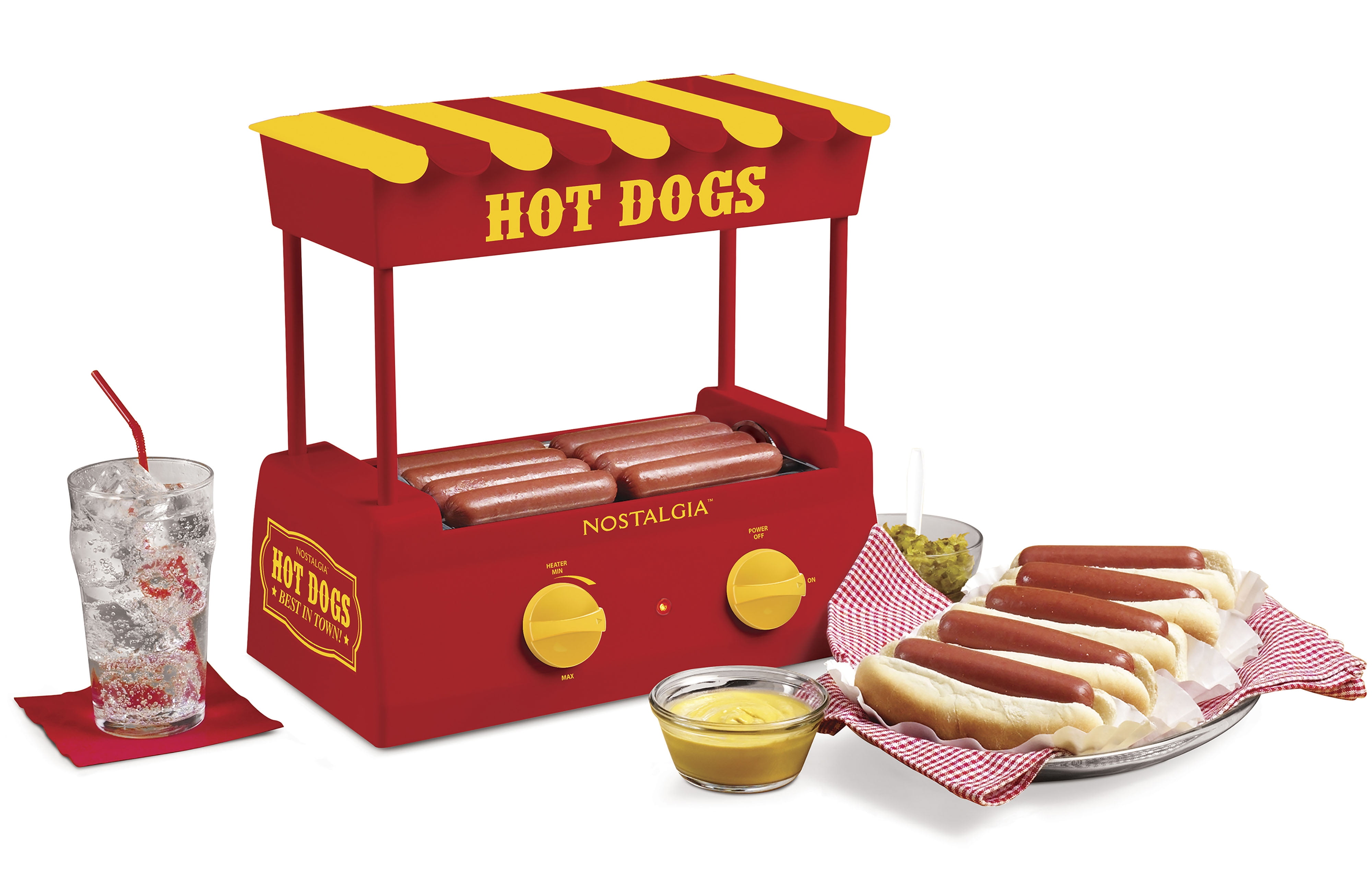 4 Foot Long and 6 Bun Capacity Retro Red Taquitos Nostalgia HDR8RR Hot Dog Warmer 8 Regular Sized Perfect For Breakfast Sausages Stainless Steel Rollers Brats Egg Rolls 