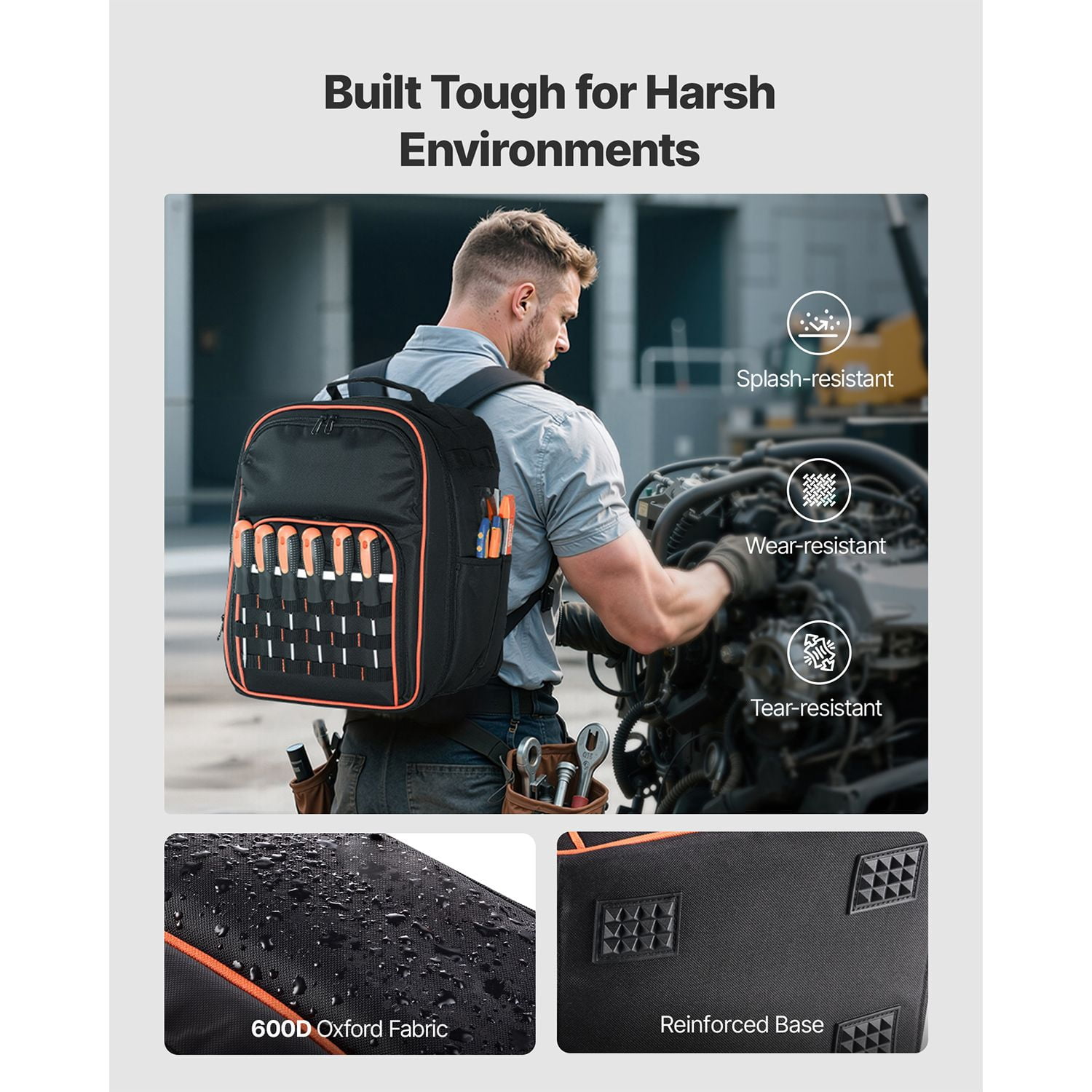 Tool Backpack 49 Pockets 600D Oxford Fabric 50 lbs Capacity with Laptop Compartment for Electrician Repairman