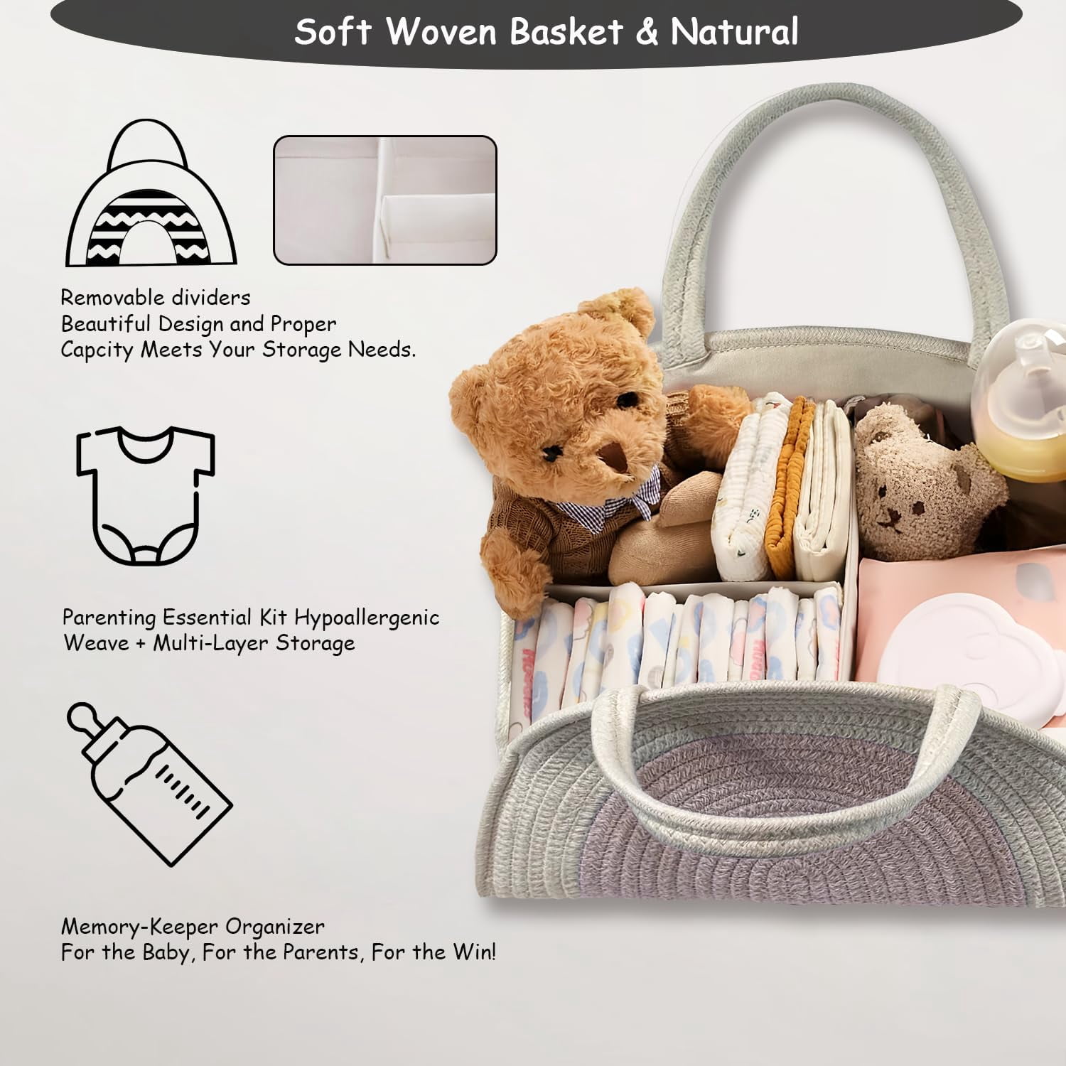 Diaper Caddy Organizer with Gift Bags and Ribbons - Sturdy Cotton Rope Basket for Baby Girl & Boy Newborn Essentials, Large Baby Gift Bag, Nursery Storage Caddy with Handles (white Brown)