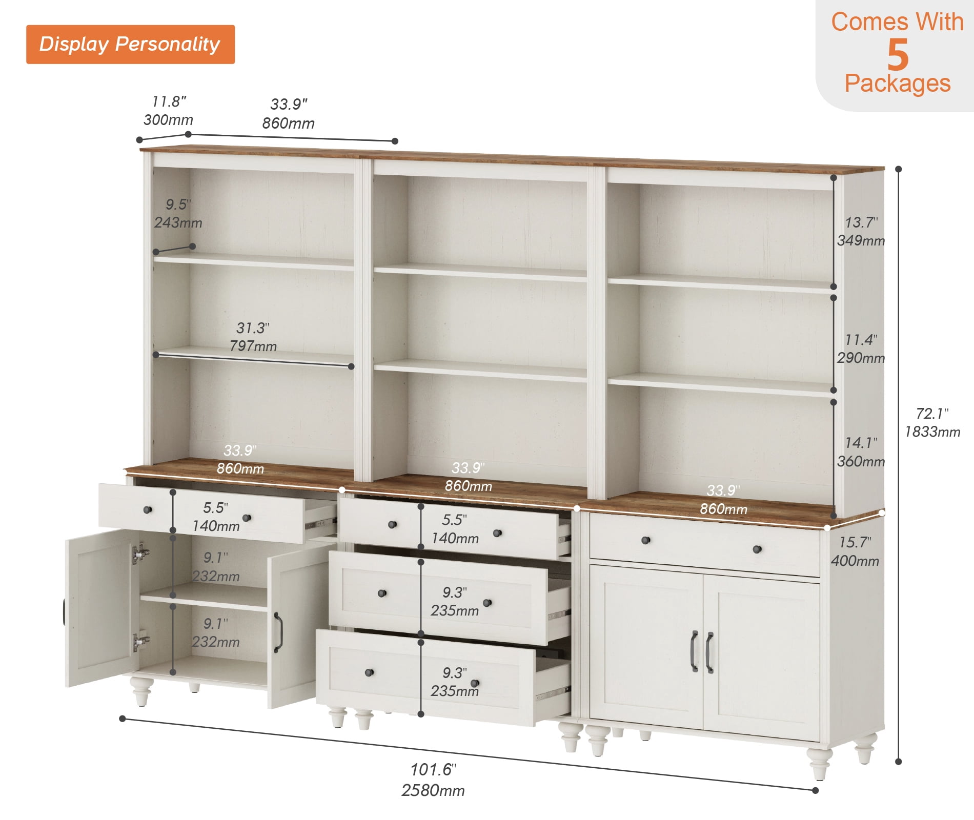 Farmhouse White 5 Drawer Sideboard Credenza, 72" Tall Wooden Storage Cabinet with 5 Tier Adjustable Shelves & Wood Door, Mid-Century Buffet for Living Room, Study & Bedroom
