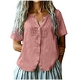 thumbnail image 2 of Noric Women's Short Sleeve Blouse Vintage Boho Lace Applique V-Neck Button Up Summer Casual Top Flowy T-Shirt, 2 of 7