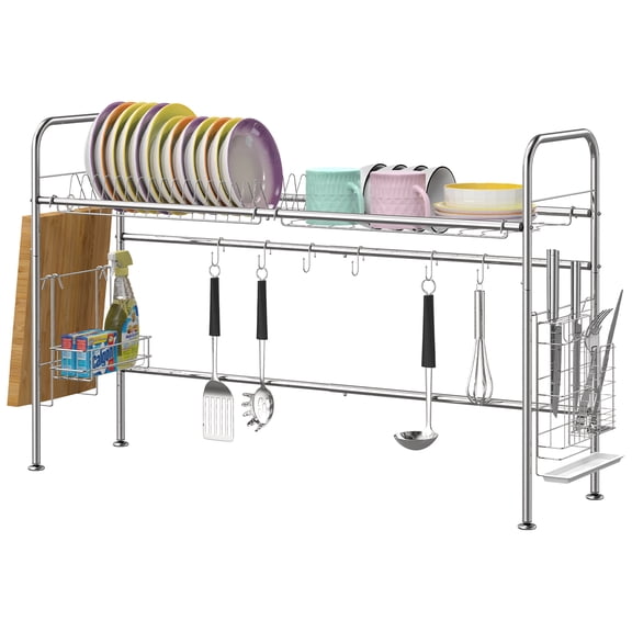Over-The-Sink Dish Drying Rack - Adjustable Stainless Steel Organizer w/ Cutlery Holder & Non-Slip Pads (Fits 34.9"-39" Sinks)