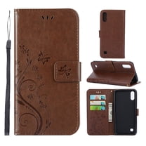 Samsung Galaxy A10 Wallet Case, Dteck Embossed Flower PU Leather Magnetic Flip Stand Case Cover [Built-in Card Slots][w/ Hand Strap] For Samsung Galaxy A10, Coffee